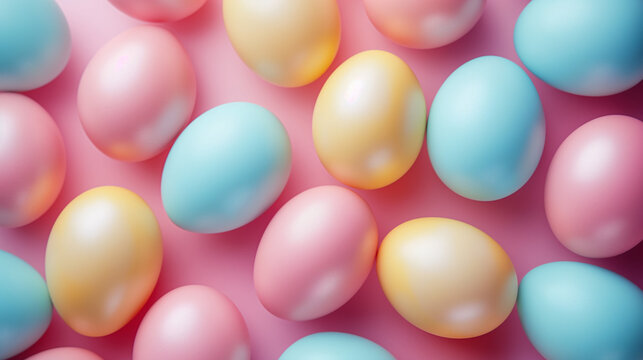 Easter Celebration Background: Top View of Multicolored Easter Eggs Arranged on a Pink Background, Creating a Festive and Joyful Atmosphere for Easter Holiday Celebrations © NadinMich