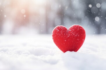 Fototapeta premium A vibrant red heart stands out against a snowy white backdrop, representing love and passion in the serene winter landscape