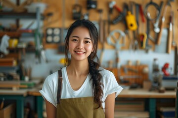 A woman beams with pride as she confidently navigates the tools and machines in her workshop, donning protective clothing and a smile that radiates both strength and femininity