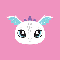 Dragon vector illustration, cute portrait, little child, baby face, wings, symbol of the year, character. Cutie, funny baby animal face, portrait. Illustration for printing on fabric, postcard, print
