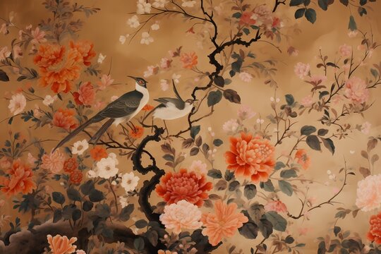 classic chinoiseries style painting with flower and bird, beautiful art work for wall art, decoration, and wallpaper