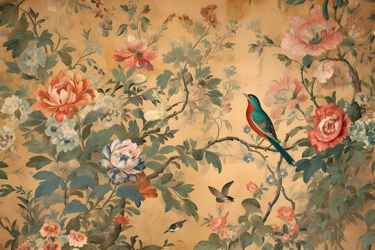 classic chinoiseries style painting with flower and bird, beautiful art work for wall art, decoration, and wallpaper