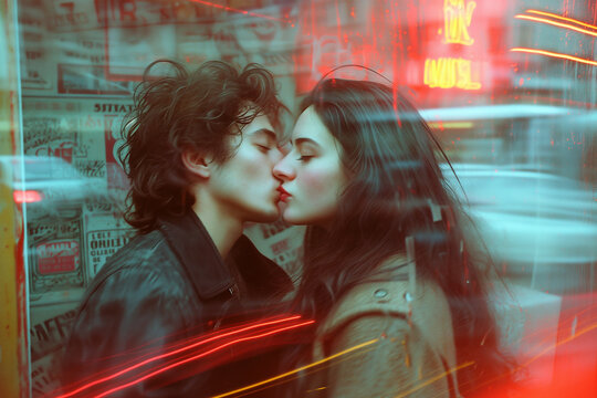 Romantic couple kissing under neon lights in rain Generative AI image