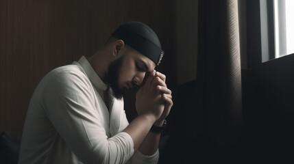 Muslim man praying in the mosque 