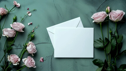 White blank greeting card and envelope on the green background with flowers, love letter. Envelopes and flowers on green background. Flat lay, top view.