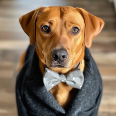 labrador retriever mix dog dressed in a shirt, bow tie and jacket, ai technology