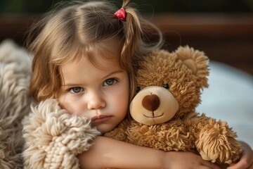 A young girl finds comfort in the warm embrace of her beloved teddy bear, their soft fur blending together as they share a precious moment indoors