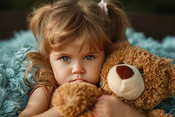 A cherubic toddler clings to their beloved teddy bear, their innocent face illuminated by the soft glow of indoor light