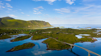 Aerial view of a road in Fredvang, Norway