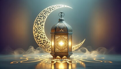 Ramadan lantern and golden crescent moon shining brightly isolated on dark background - obrazy, fototapety, plakaty