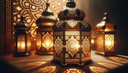 Neatly arranged Ramadan lanterns on a bright background