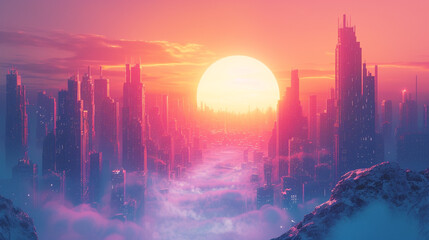 Fototapeta na wymiar Witness the fusion of magenta and azure in an abstract depiction of a digital sunrise over a futuristic city, casting a warm and dynamic glow across the skyline. 