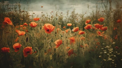 field of blooming orange poppies flower in painting style, classic and beautiful art work for wall art, decoration, and wallpaper