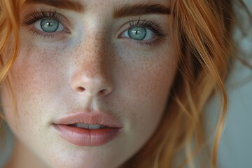 A mesmerizing close-up portrait of a freckled woman with expressive brown eyes, adorned with delicate mascara and eyeliner, showcasing the intricate details of her skin, lips, and eyebrows