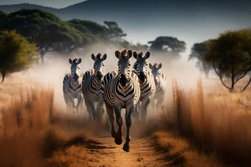 Gordijnen a group of zebras runs along the path kicking up dust © kazakova0684