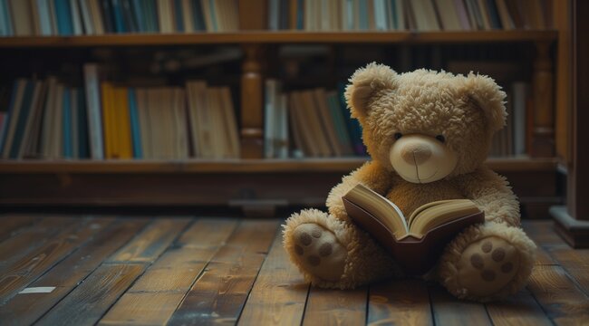 Teddy Bear Reading a Book in Library Setting