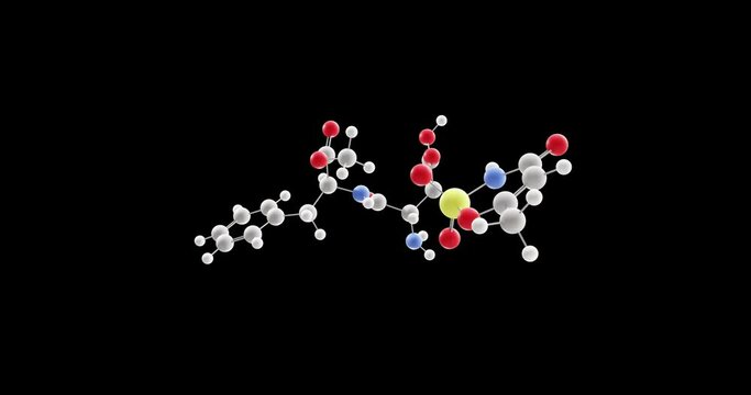 Aspartame-acesulfame salt molecule, rotating 3D model of artificial sweetener e962, looped video on a black background