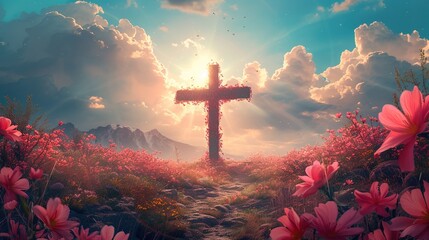 Beautiful fantasy landscape of crucifixion transformed into a blooming cross , easter celebration, flowers and mountains