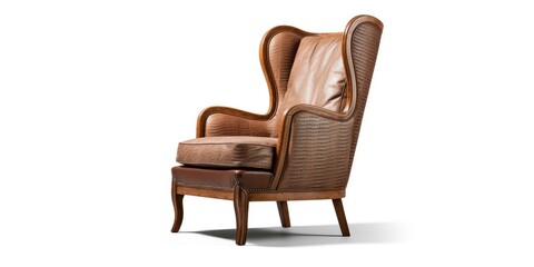French Art Deco Wing Chair Isolated on White. Armchair in Worn Oak. Sofa Set with Woven Fabric Seating. Furniture Side View.