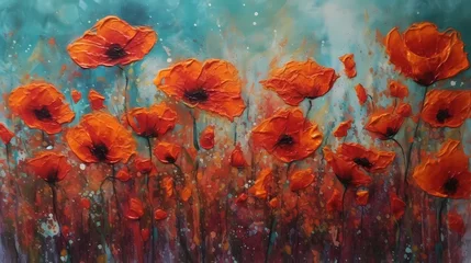 Zelfklevend Fotobehang field of blooming orange poppies flower in painting style, classic and beautiful art work for wall art, decoration, and wallpaper © Wipada