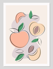 Fruit flat minimal illustration composition.Poster with peaches in flat minimal design. Fruit simple Vector illustration.