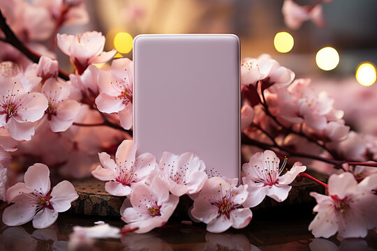 Smartphone amidst blooming cherry blossoms and lights Generative AI image