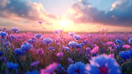 field of blooming pink and purple  flower In the morning 