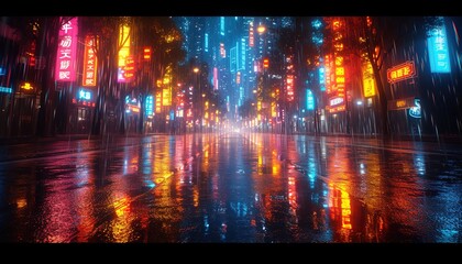 Nighttime Neon Lights Cityscape Image, Contemporary Abstract Background, Colorful Rainy Street Reflections