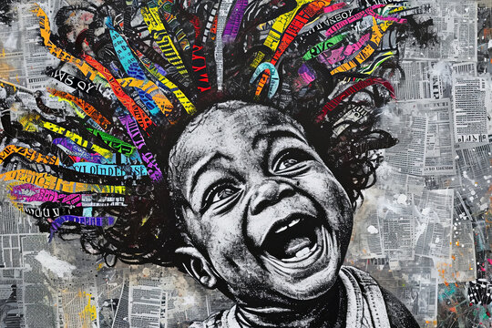 Generative AI illustration of vibrant street art collage depicts a joyful black boy with a colorful crown of feathers on his head, all set against a newspaper print background