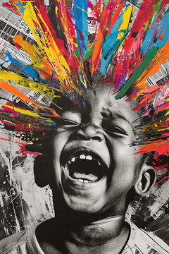 Generative AI illustration of collage of a laughing black boy with dynamic, colorful streaks emanating from his head, contrasting with the grayscale newspaper backdrop