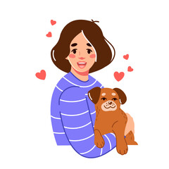 Portrait of the owner of a cute pet. A woman with a small adorable puppy in her arms. Vector flat illustration for a mobile application or website
