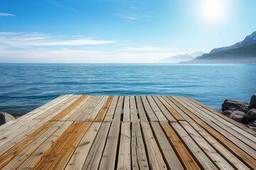 A peaceful wooden dock stands proudly against the serene landscape, its boardwalk leading to the vast expanse of the tranquil sea, with the majestic mountains and fluffy clouds reflected in the cryst