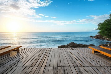 Serene sunset views from a wooden deck, surrounded by the vast ocean and peaceful beach, with a picturesque landscape of trees and clouds painting the sky