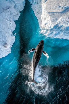 Majestic whale breaching between icy waters Generative AI image