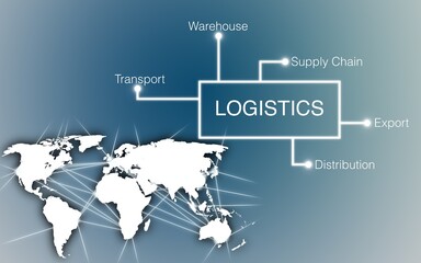 Obraz premium Logistics - blue background with world map and linked dots, parcel handling center, supply chain, distribution center, globalization, sales, supply chain