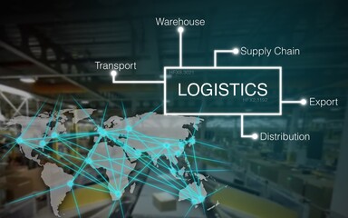 Logistics concept map in the background a fulfillment center with packages on a conveyor belt and a...
