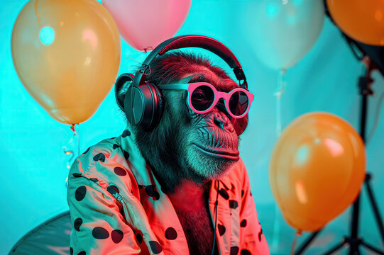 Monkey Wearing Headphones and Pink Sunglasses. Generative AI.