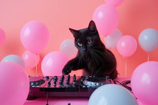 Black Cat Sitting on DJs Turntable Surrounded by Balloons. Generative AI.