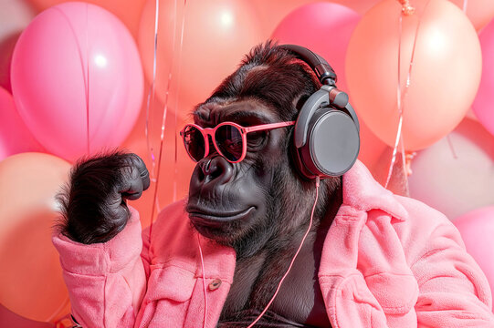 Monkey Wearing Headphones and Pink Jacket. Generative AI.
