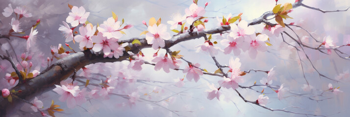 Garden with blooming sakura. Panoramic view. Digital art.