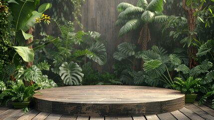 wooden podium surrounded by green plants, a place to display products, a podium for advertising a product - obrazy, fototapety, plakaty
