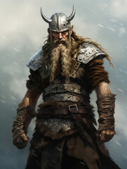 Viking in helmet and armor. Digital art.