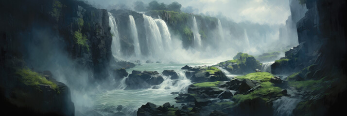 Jungle, waterfall. Panoramic view. Digital art.