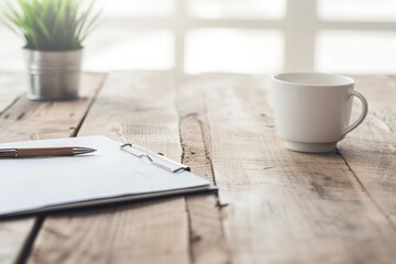 Cup of coffee and pen on wooden table, perfect for office, business, writing, productivity, morning routine, work from home concepts.