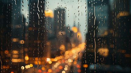High angle shot through a raindrop, covered window of a skyscraper, overlooking a city's evening glow with streets illuminated by dynamic bokeh lights