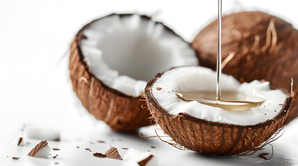Fototapeta premium Coconut oil dripping from coconut cut in half on white background 