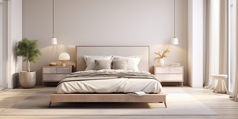 Fototapeta na wymiar Bright bedroom with large furnishings.