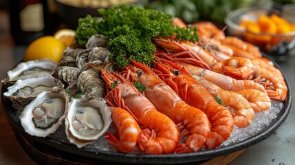 Fresh Seafood Platter, an elegant display of fresh seafood, including lobster, shrimp, and oysters, arranged on a platter. 