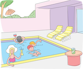 People swimming in the hotel pool.