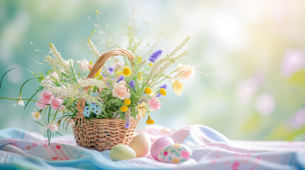 Fototapeta na wymiar Easter banner with eggs and wicker basket with wildflowers. Pastel colors soft morning light